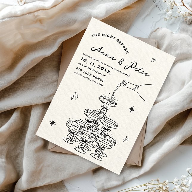 Handillustrerad champagne Torn Natten före Inbjudningar (the night before rehearsal dinner invitation hand illustrated with champagne tower)