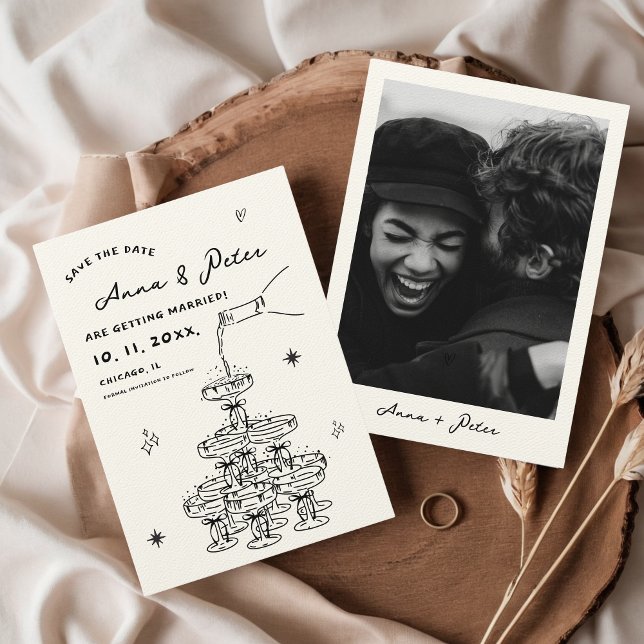 Handillustrerad Champagne Torn Retro Photo Spara Datumet (Hand Illustrated Hand Drawn Champagne Tower Wedding Save the Date with Photo Black & White)