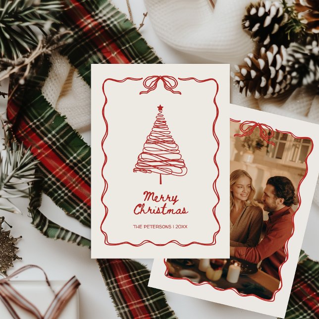 Handillustrerad Red Festive Photo-jul Julkort (Hand-illustrated Hand-drawn Vintage Retro Red Christmas Card with Photo Unique Aesthetic)