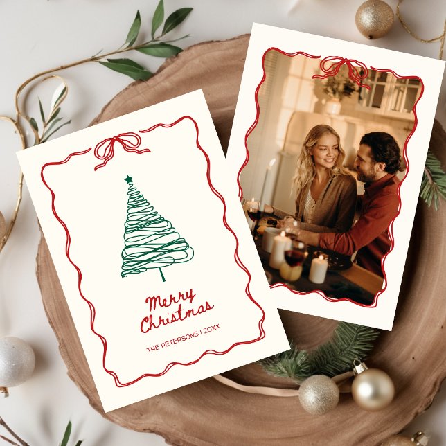 Handillustrerad Red Grönt Retro Photo-jul Julkort (UNIQUE Christmas Hand Illustrated Hand Drawn Quirky Simple Photo Holiday Card)