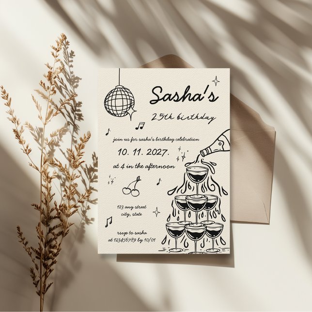 Handillustrerad Retro Champagne Torn-födelsedag Inbjudningar (Hand illustrated champagne tower birthday invitation disco ball hand drawn funky retro vintage )