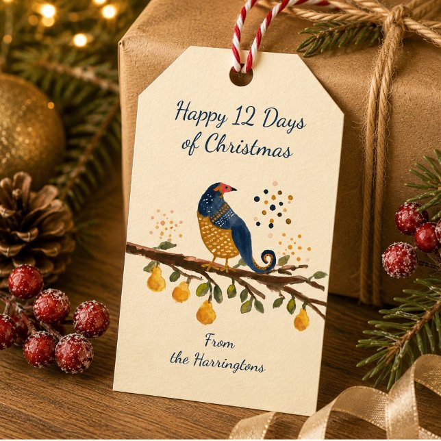 Handillustrerade julkort med pärlhöna i päronträd  presentetikett (This Christmas Partridge in a Pear Tree gift tag features a big blue and gold bird on a pear branch.)