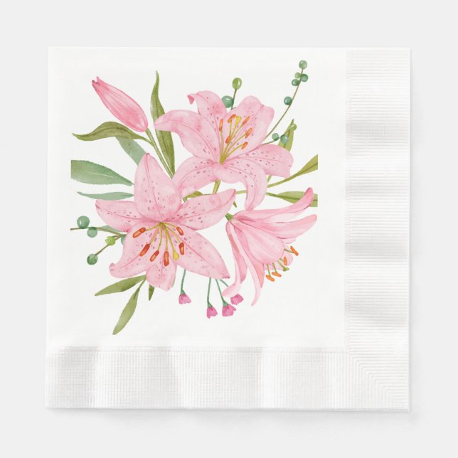 Handillustrerade rosa orientliljor pappersservett (Framsidan)