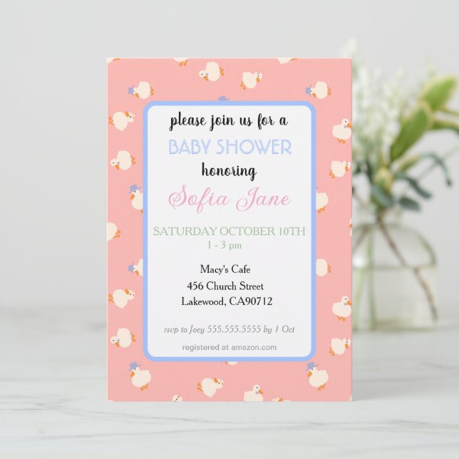 Handillustrerade söta ankungar Rosa Baby Shower Inbjudningar (Stående Fram)