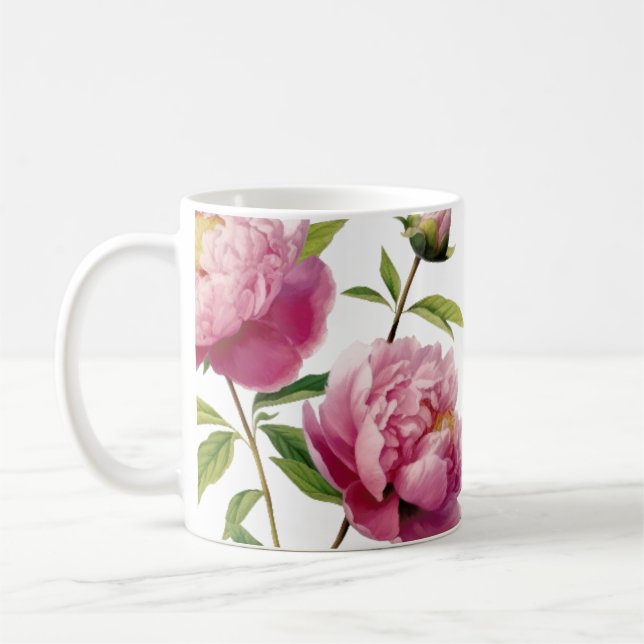 Handillustrerat tryck med rosa peonier kaffemugg (Vänster)
