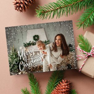 Handlåtat fotfoto för God jul Snö Fullt Julkort