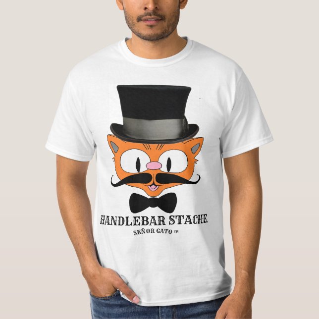 HANDLEBAR STACHE Humoristisk Tecknad Mustasch Katt T Shirt (Framsida)