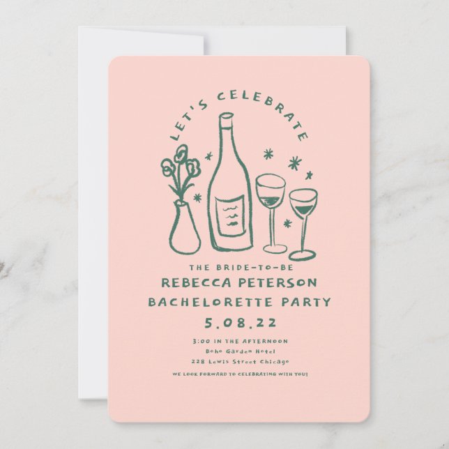 Handlettering Retro Rosa Grönt Bachelorette Party Inbjudningar (Framsida)