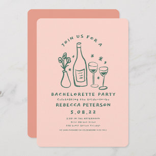 Handlettering Retro Rosa Grönt Bachelorette Party Inbjudningar