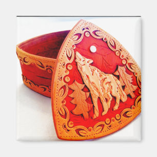 Handmade Birch Wood-Smyckeskrin med Howling Varg Magnet