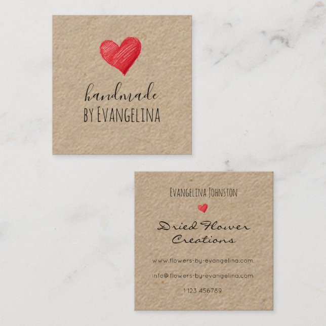 Handmade Business Cards, Red Heart, Custom Fyrkantigt Visitkort (Fram/baksida)