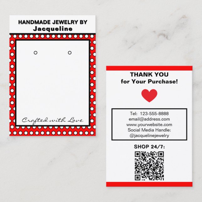 Handmade Earrings Red White Polka Dots Visitkort (Fram/baksida)