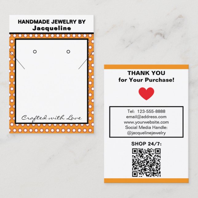 Handmade Jewelry Orange White Polka Dots Visitkort (Fram/baksida)