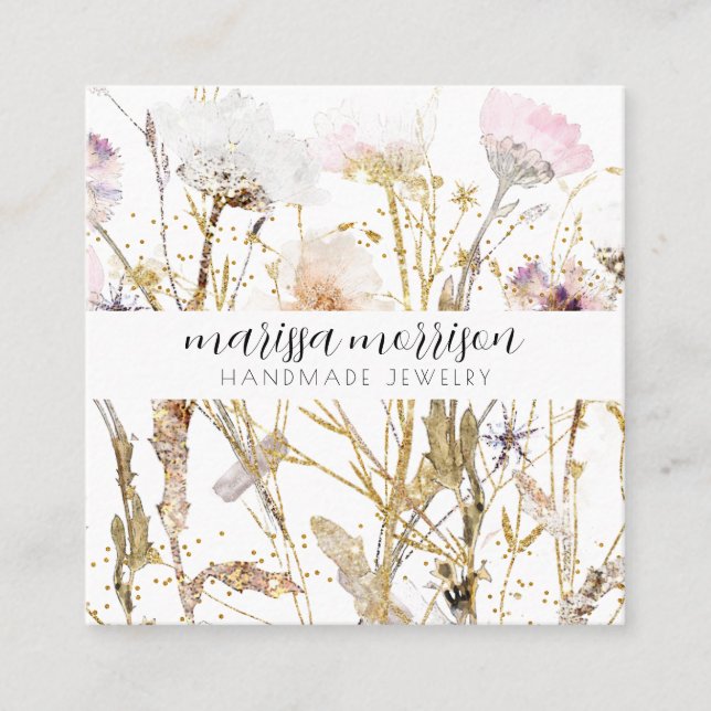 Handmade Jewelry Wildblombotaniska Rosan Guld Fyrkantigt Visitkort (Framsida)