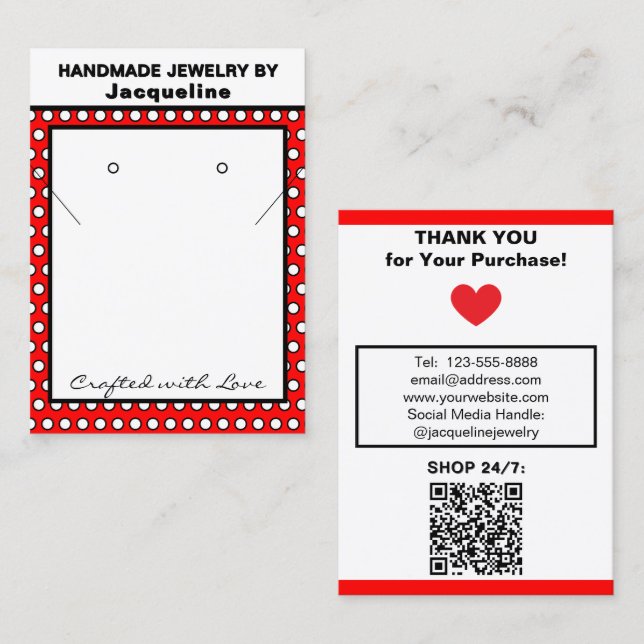Handmade Necklace Earrings Red White Polka Dots Visitkort (Fram/baksida)