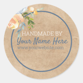 Handmade Product Blue and Peach Blommigt Kraft Pap Runt Klistermärke