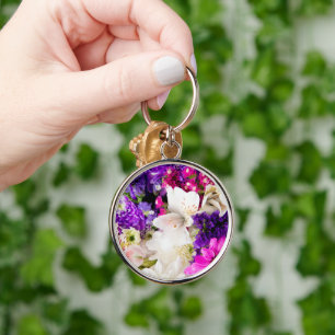 Handmade riktiga torkade blomhartsserasetiskt nyck rund silverfärgad nyckelring