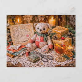 Handmade Teddy Bear with Christmas Gifts and Cozy Vykort