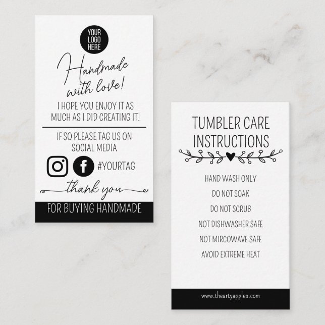 Handmade With Love Care Instructions Card Visitkort (Fram/baksida)