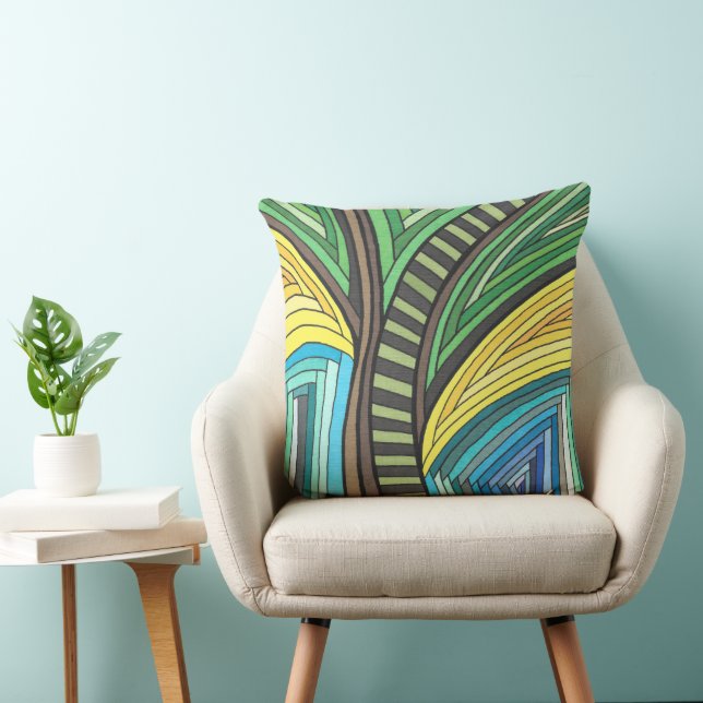Handmålad Abstrakt Träd och Geometrisk Design Kudde (Stol)