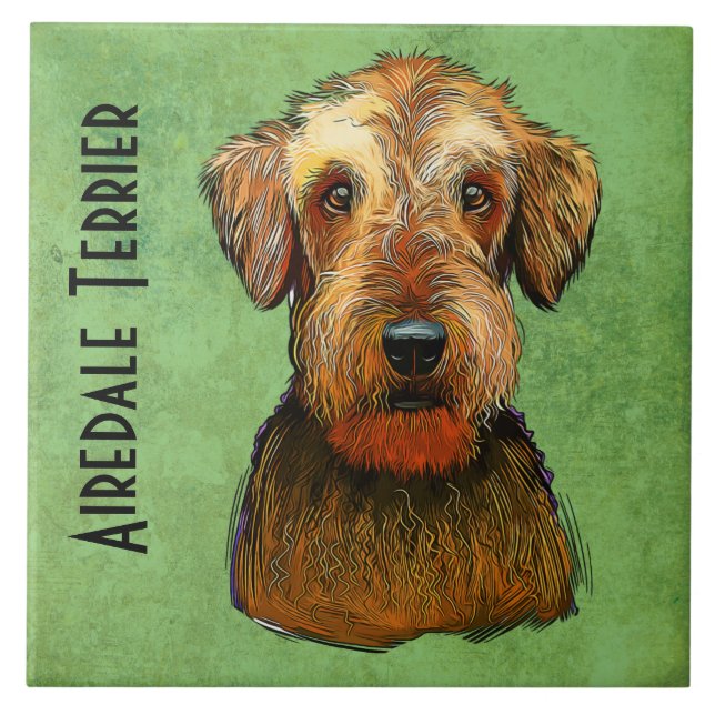 Handmålad Airedale Terrier Kakelplatta (Framsidan)