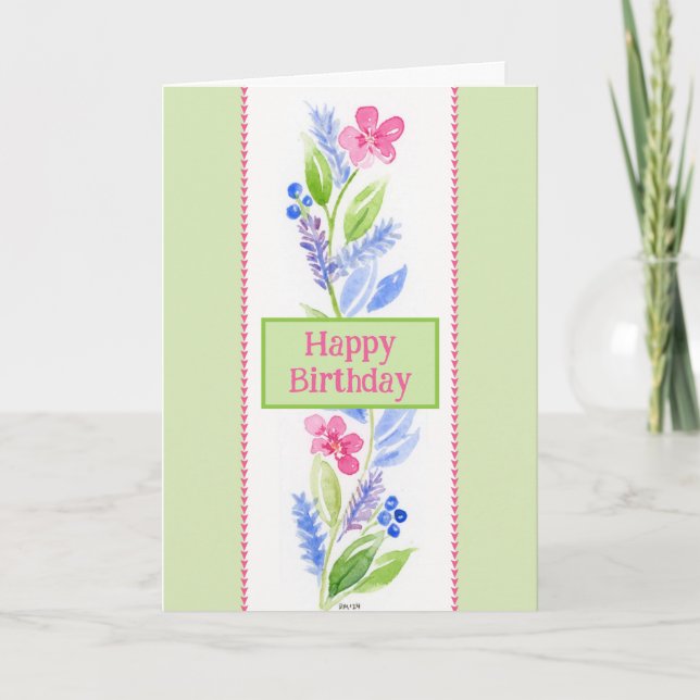 Handmålad akvarell Blommig FÖDELSEDAGS Hälsning  Tack Kort (Framsida)