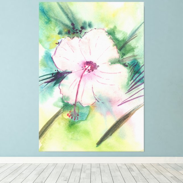 Handmålad akvarell Blommig Hibiskus från Belize Canvastryck (Insitu (trägolv))