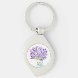 Handmålad akvarell Lavendel Blommig Initial Swirl Silverfärgad Nyckelring