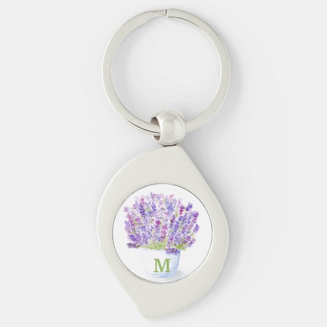 Handmålad akvarell Lavendel Blommig Initial Swirl Silverfärgad Nyckelring (Framsidan)