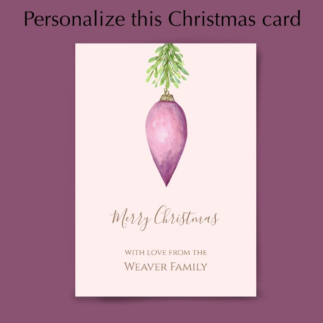 Handmålad akvarell Rosa julgranskula Julkort (Personalize this blush pink Christmas card. Original watercolor art. Unique painting.)