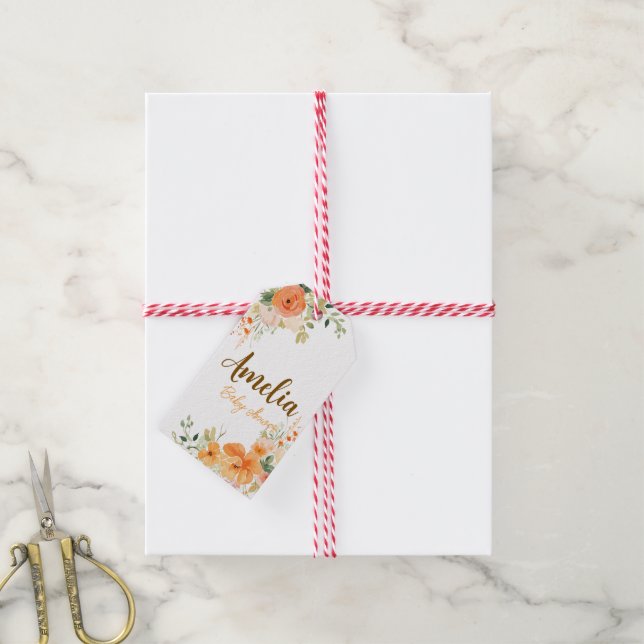 Handmålad akvarellblomma Bebis Shower  Presentetikett (Med Snöre)