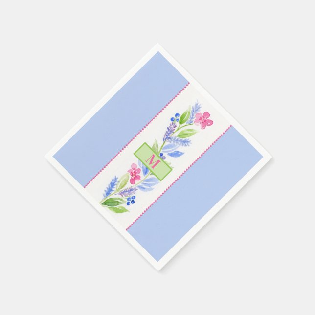 Handmålad akvarellblomma NAMN Initial Blå Pappersservett (Hörn)