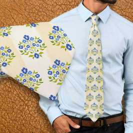 Handmålad Blå Astor Bouquet Blommönster Slips