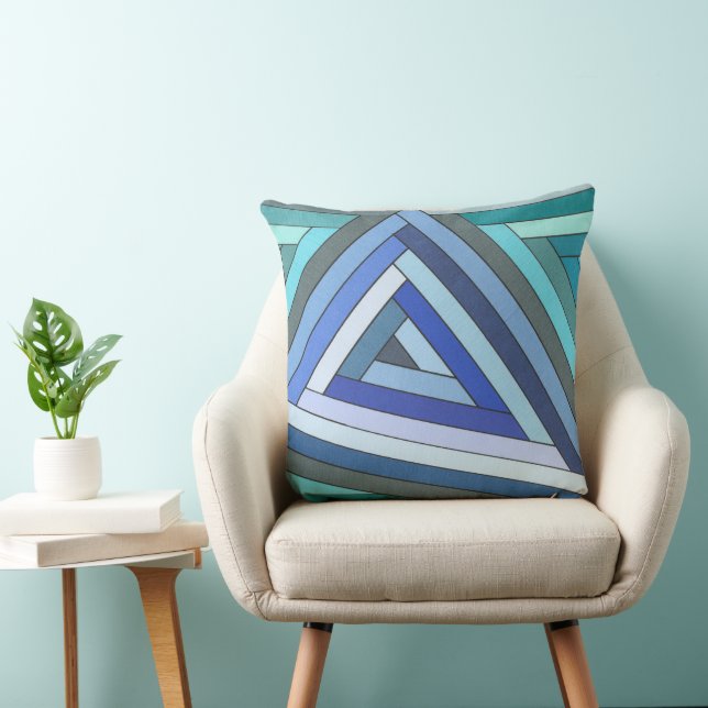 Handmålad blå geometrisk triangeldesign kudde (Stol)