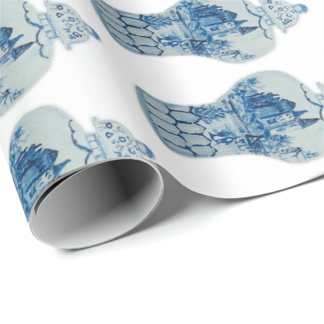 Handmålad blå och vit ingefära Burk Presentpapper (Rullad Hörn)