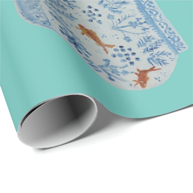 Handmålad blå och vit ingefära Burk Presentpapper (Rullad Hörn)
