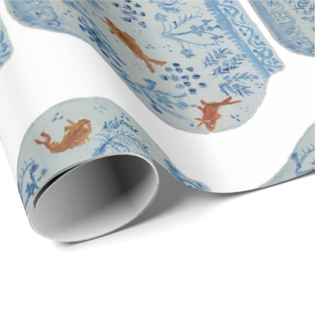 Handmålad blå och vit ingefära Burk Presentpapper (Rullad Hörn)