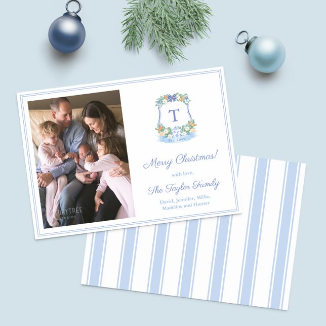 Handmålad blå och vit monogramjul julkort (Watercolor Citrus Monogram photo Christmas Cards with blue and white stripe backer)