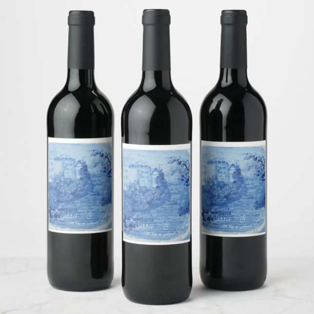 Handmålad blå pilträdsgingervase Toile vin La Vinflaska Etikett (Flaskor)