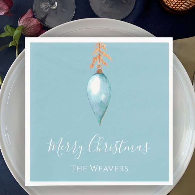 Handmålad blå vattenfärg, Anpassningsbar jul Pappersservett (Personalize this hand painted original blue bauble watercolor Christmas napkin. Minimalistic blue.
)