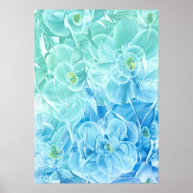 Handmålad blågrön blommig design poster (Framsidan)