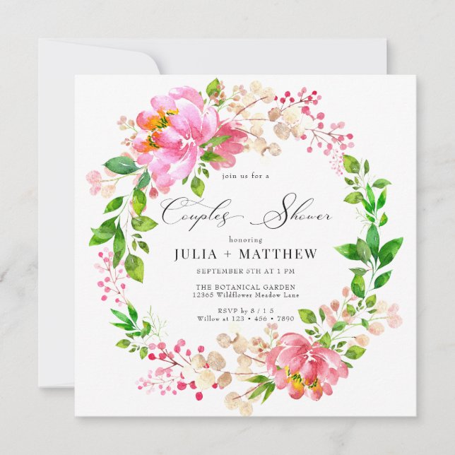 Handmålad Blommig | Rosa Krans Par Babyshower Inbjudningar (Framsida)