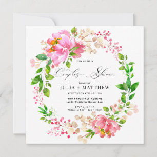 Handmålad Blommig Rosa Krans Par Babyshower Inbjudningar