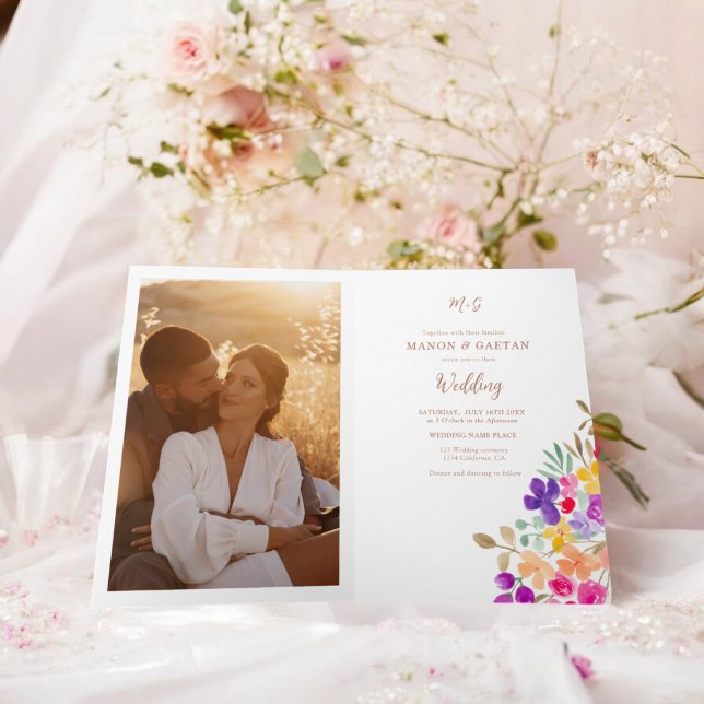 Handmålad Blommigt Bröllop Photo alla i ett Inbjudan (Hand Painted Floral Wedding Photo all in one Invitation)