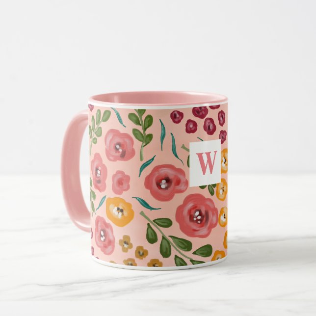 Handmålad Blommigt  Rosa Namn Monogram Mugg (Framsida vänster)