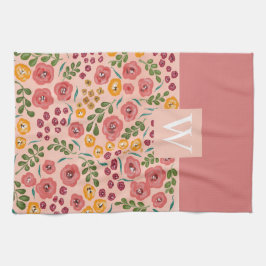 Handmålad Blommigt Rosa Red Namn Monogram Kökshandduk