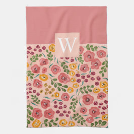 Handmålad Blommigt Rosa Red Namn Monogram Kökshandduk
