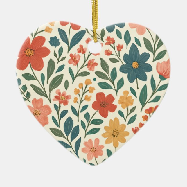 Handmålad blomsterdesign – Färgrik botanik  Julgransprydnad Keramik (Framsidan)