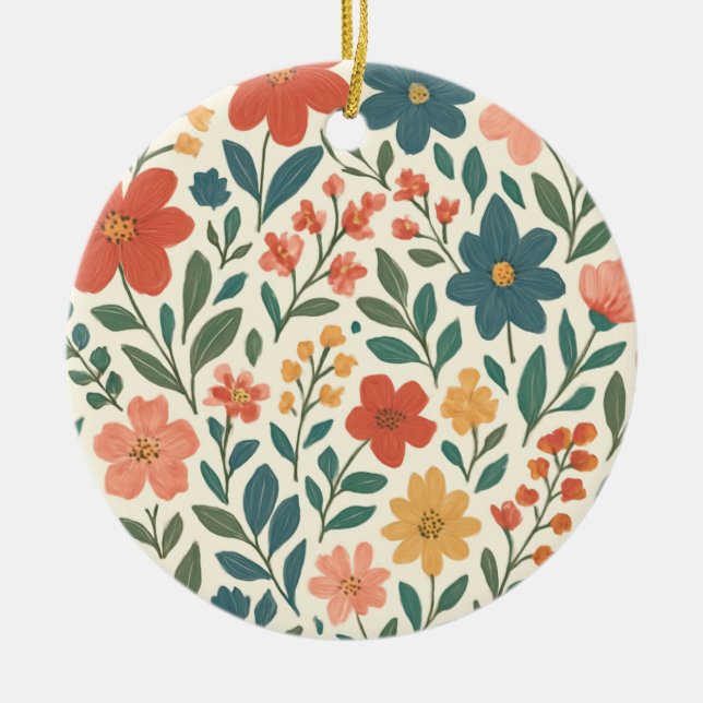 Handmålad blomsterdesign – Färgrik botanik  Julgransprydnad Keramik (Framsidan)