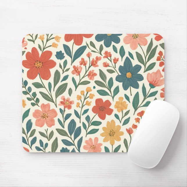 Handmålad blomsterdesign – Färgrik botanik  Musmatta (Med mus)